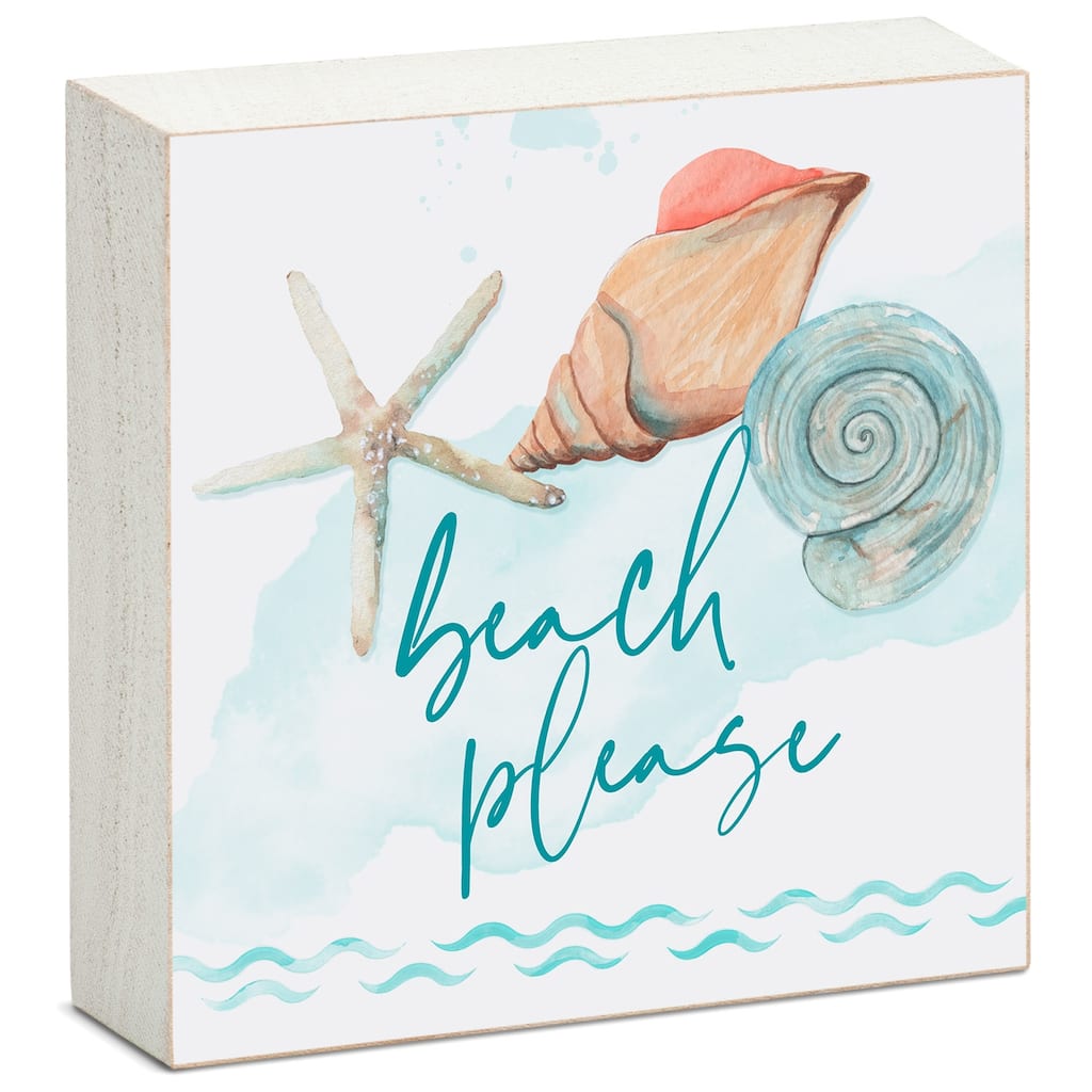 Wood Block Décor Message Beach Please Sign, 3.75 inches Square, Made in The USA - Multi-2