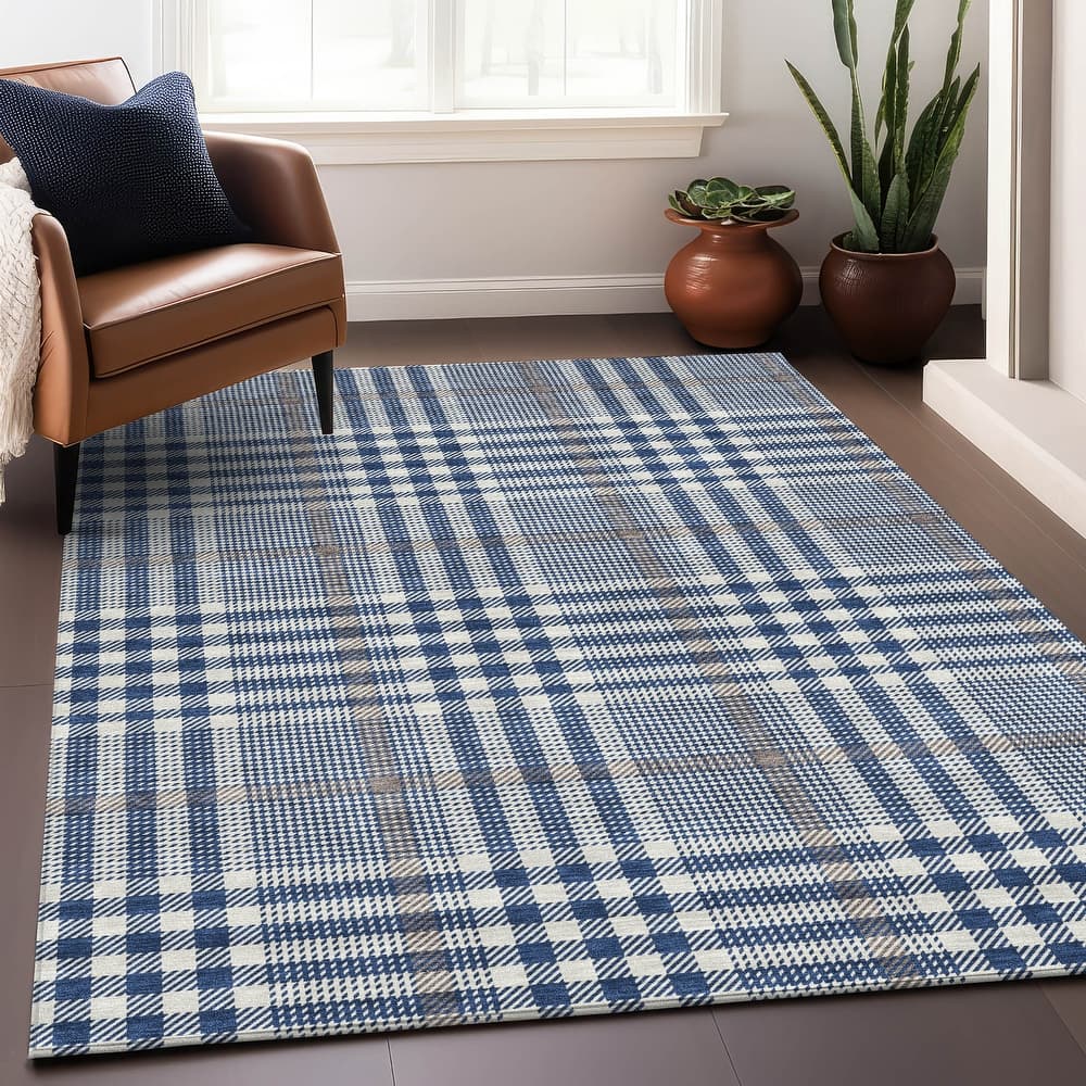 Machine Washable Indoor/ Outdoor Plaid Chantille Rug