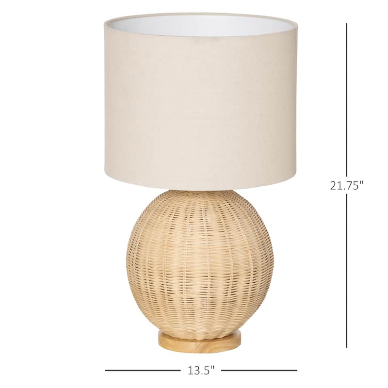 HOMCOM Nautical Style Table Lamp, Bedside Reading Light with White Fabric Lampshade and Rattan Base for E26 LED or Halogen Bulb