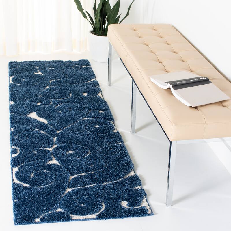 SAFAVIEH Florida Shag Shahin Scroll 1.2-inch Thick Textured Rug - 2'3" x 11' Runner - Dark Blue/Cream