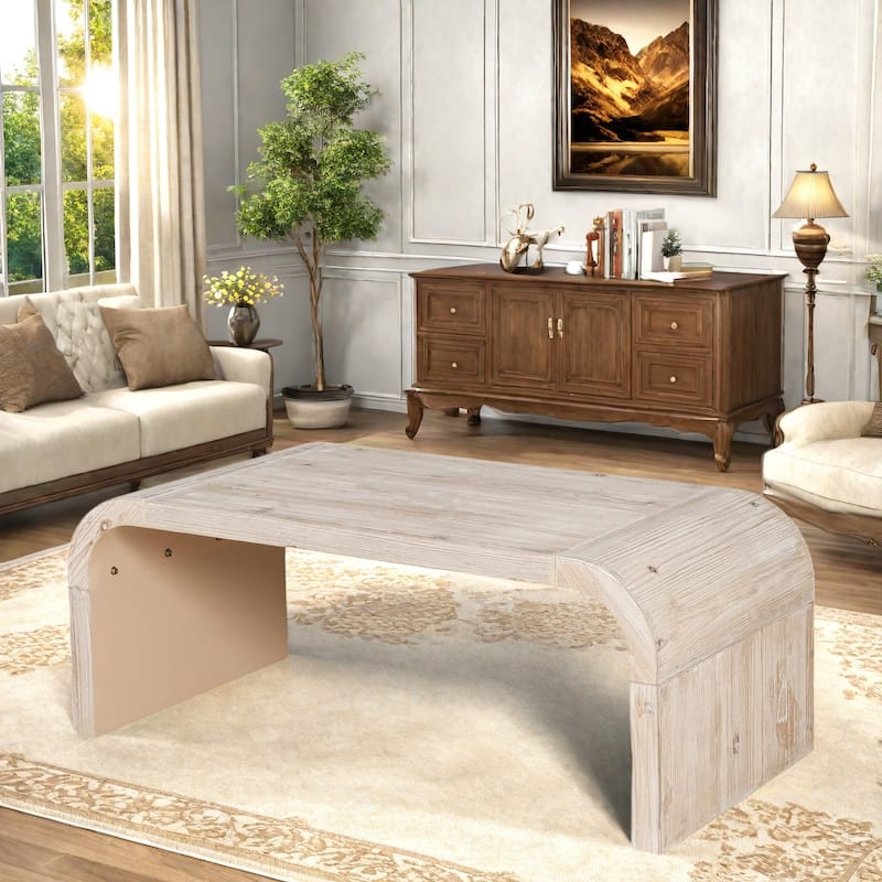 47.24" Solid Wood Coffee Table with Art Deco Design, 200 lbs Weight Capacity, and Easy Assembly - Antique White,Natural Wood Wash