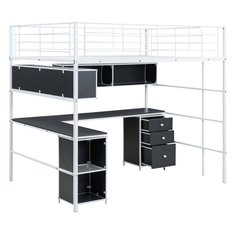 Metal Loft Bed with Bookcase, Desk and Cabinet