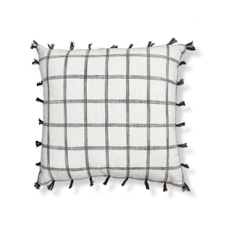 20"x20" Black Tassel Check Yarn Dyed Cotton Accent Decorative Throw Pillow Poly Filled Removable Insert Square - 20 x 20