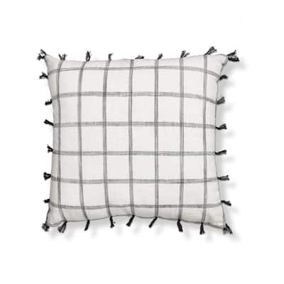 20"x20" Black Tassel Check Yarn Dyed Cotton Accent Decorative Throw Pillow Poly Filled Removable Insert Square - 20 x 20