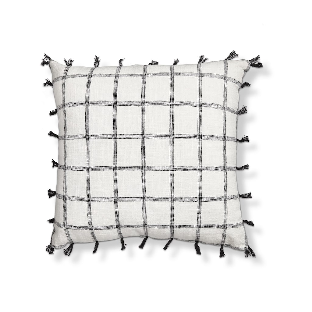 20"x20" Black Tassel Check Yarn Dyed Cotton Accent Decorative Throw Pillow Poly Filled Removable Insert Square - 20 x 20