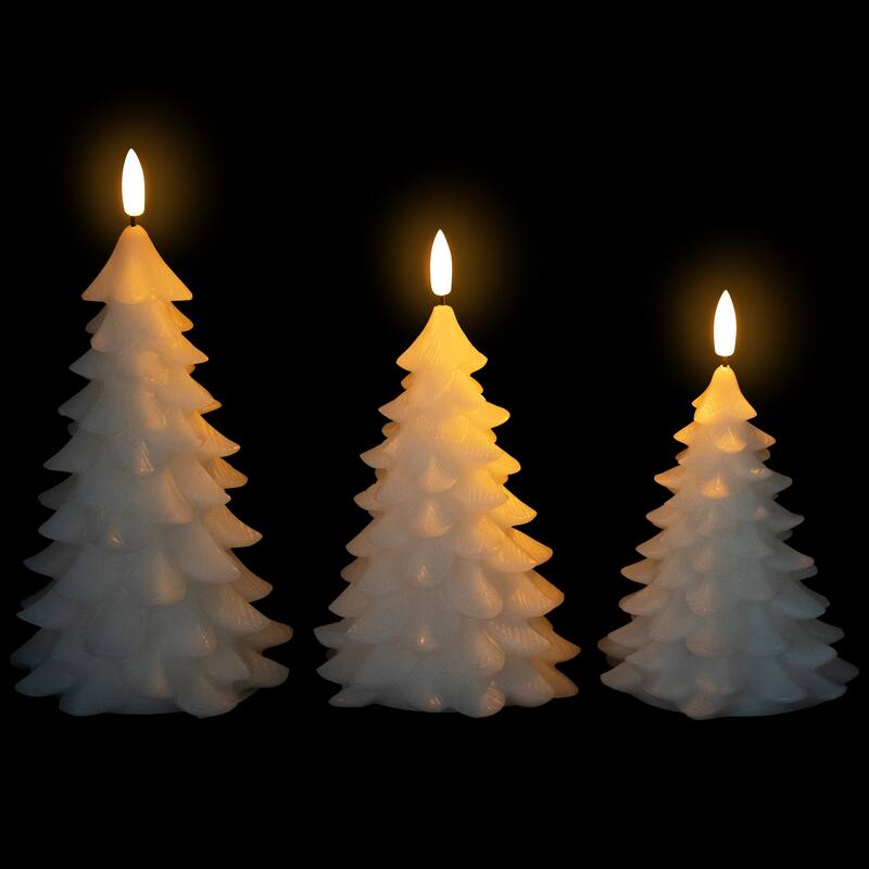 Flickering Flameless LED Christmas Tree Wax Candles - 7.25" - White - Set of 3