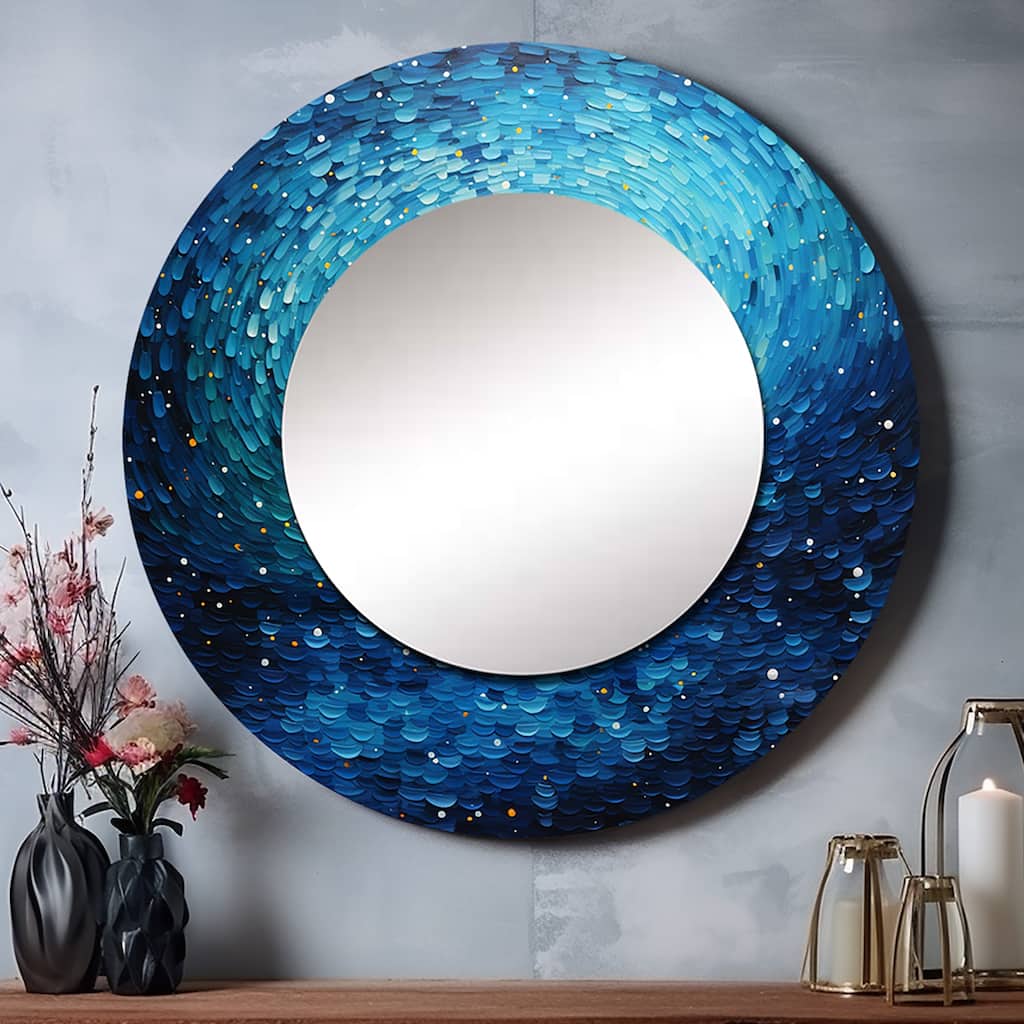 Designart "Pointillism River Majestic Cascade" Abstract Round Mirror - Traditional Blue Round Bedroom Mirror Wall Decor