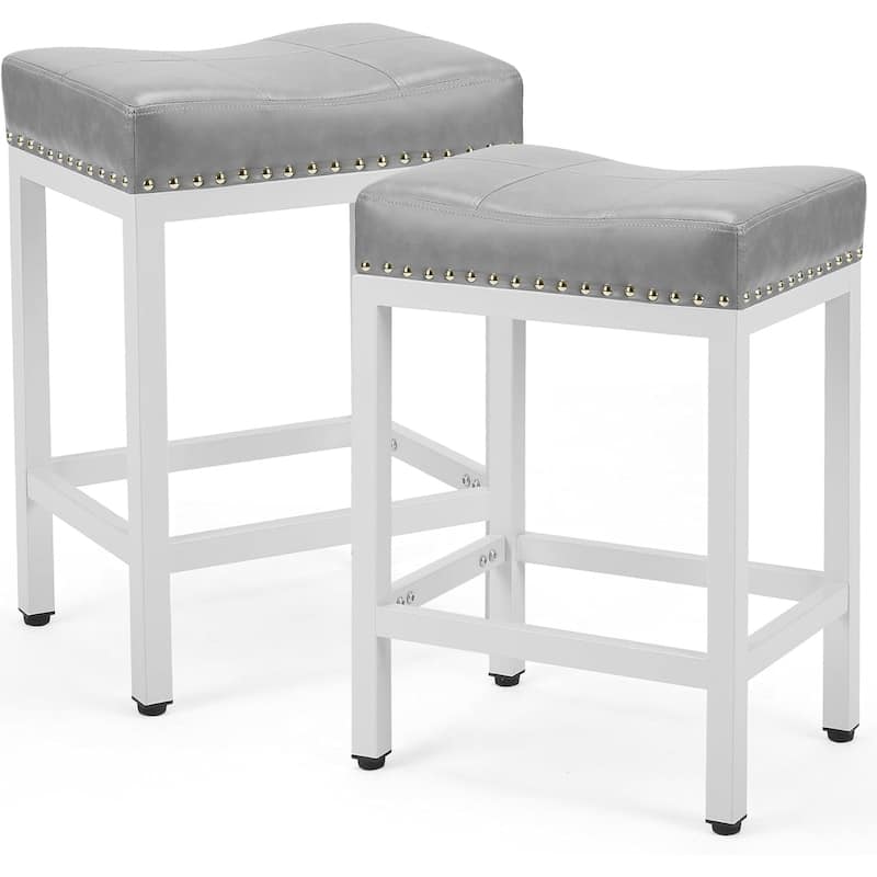 Bar Stools Set of 2, 24 inch Counter Height Saddle Stools, Upholstered Modern Kitchen Barstools with Metal Base, PU Leather