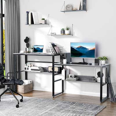 L Shaped Office Desk with Dual Level Design Standing and Sitting Workstation Gray Finish Sturdy Home Office Table