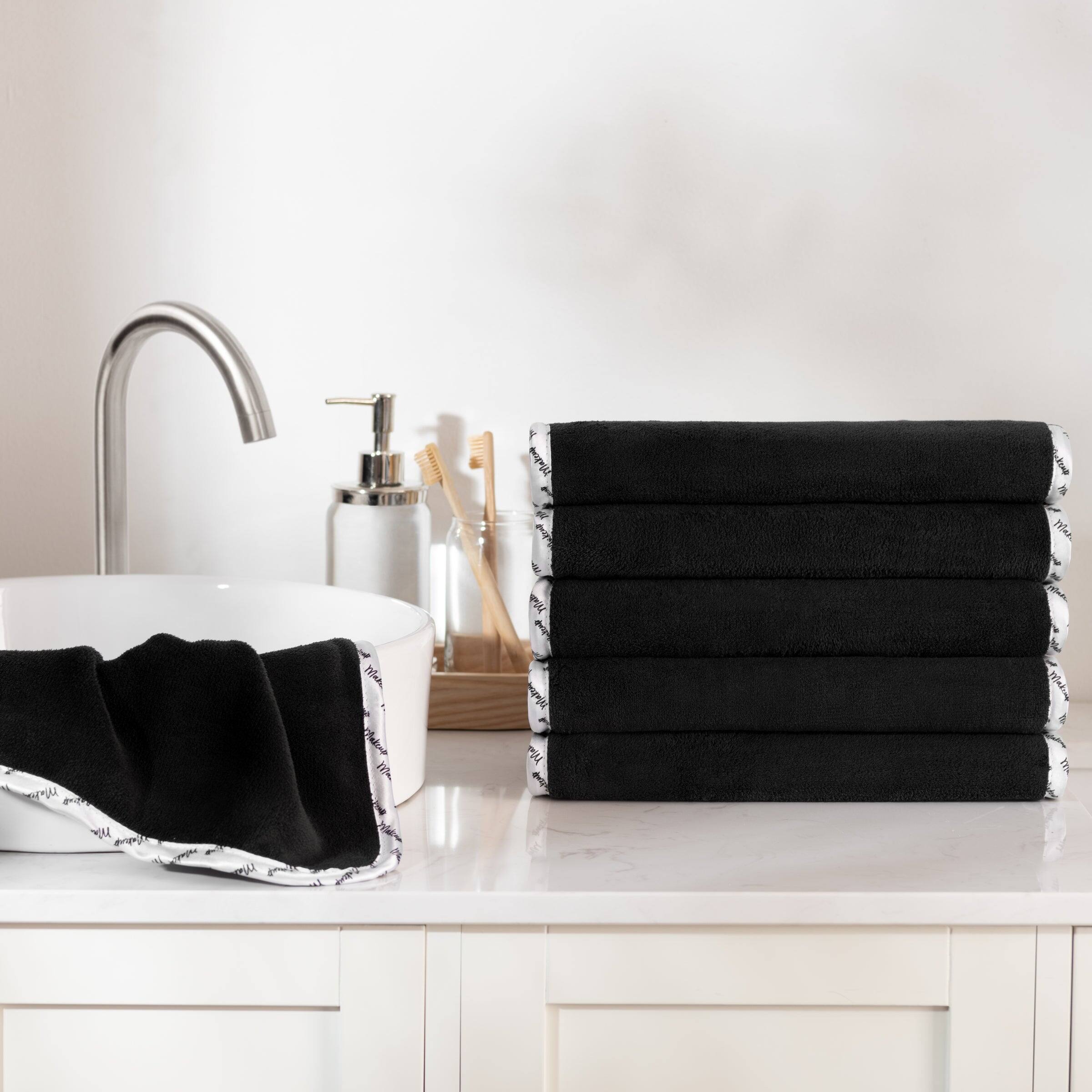 Coral Fleece Makeup Removal Washcloths, White Piping (6 Pack) Bed