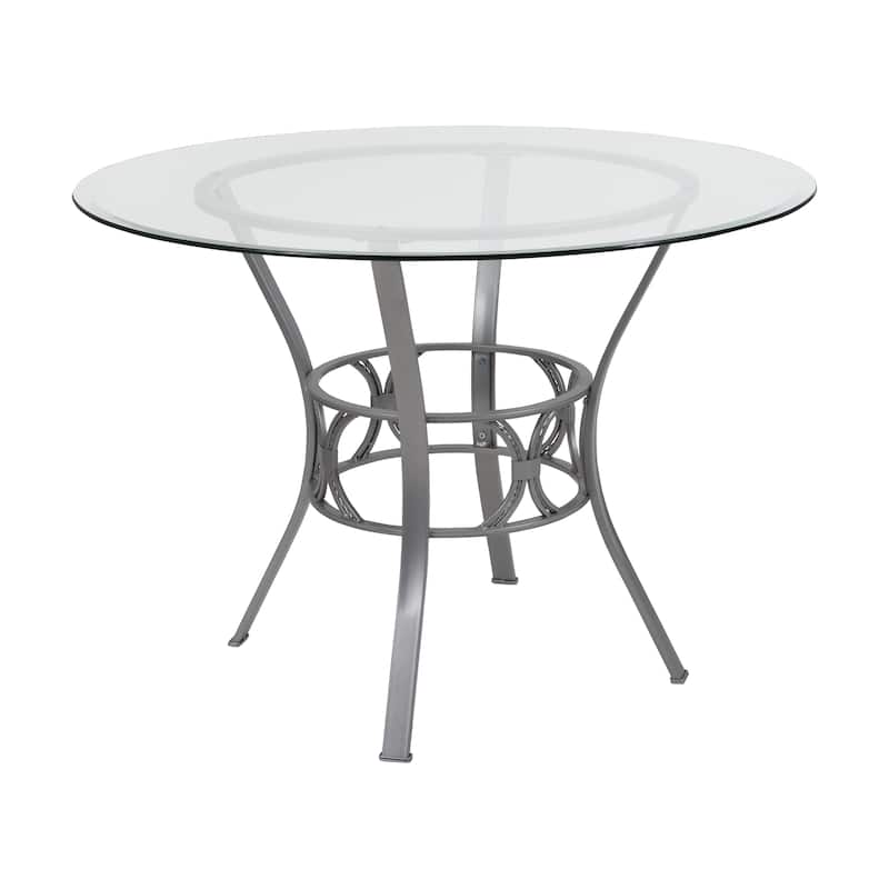 42'' Round Glass Dining Table with Crescent Style Metal Frame - Clear Top/Silver Frame