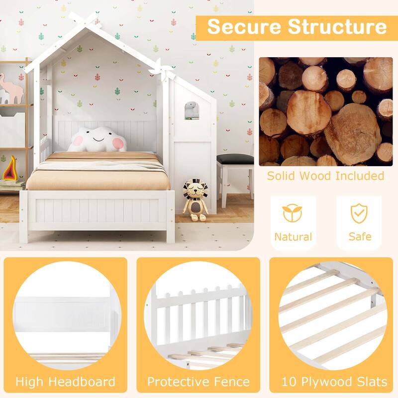 Teens Twin Bed w/ Desk Chair 2 Drawers Windmill Fence & Headboard