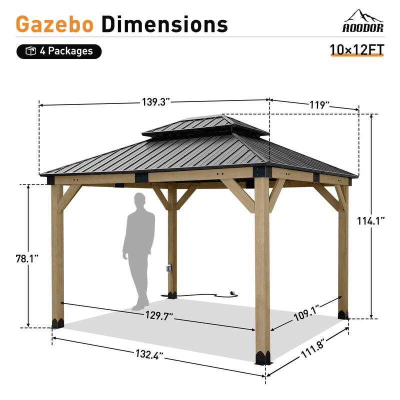 Aoodor 10 x 12 ft Wooden Frame Gazebo with 2-Tier Galvanized Metal Hardtop Roof, Outdoor Patio Gazebo with Charging Socket