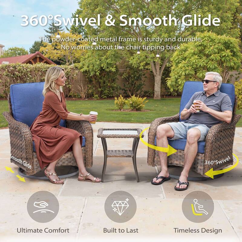 Cavira 3-Piece Brown Wicker Outdoor Patio Swivel Glider Chairs with Side Table
