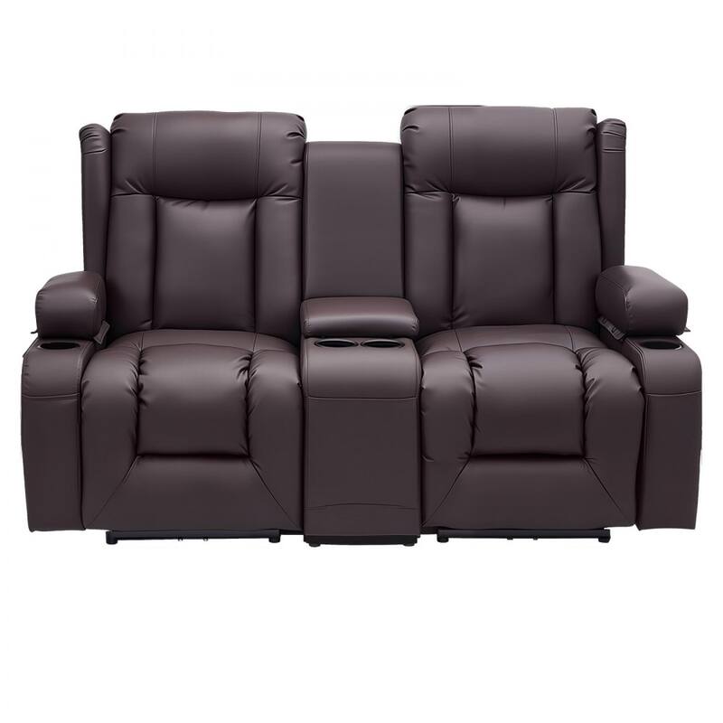Brown PU Leather Manual Recliner Loveseat with High Back, Storage and Cup Holders - 65.5 x 36.2 x 40.9 in
