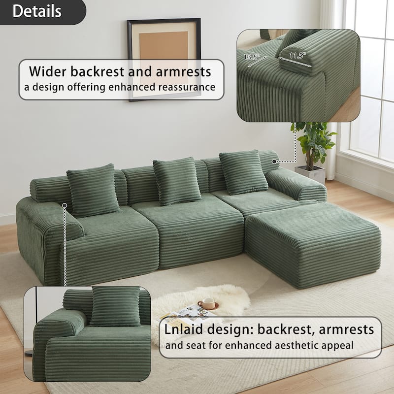 114" Corduroy Modular Sectional Sofa, Boneless Design with 4 Configurable Modules, Wide Backrest & 3 Pillows, No Assembly