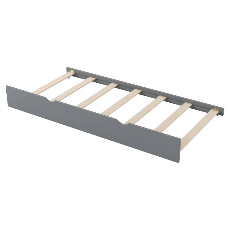 Full Size Platform Bed with Trundle, Storage Headboard, and Shelves in Gray