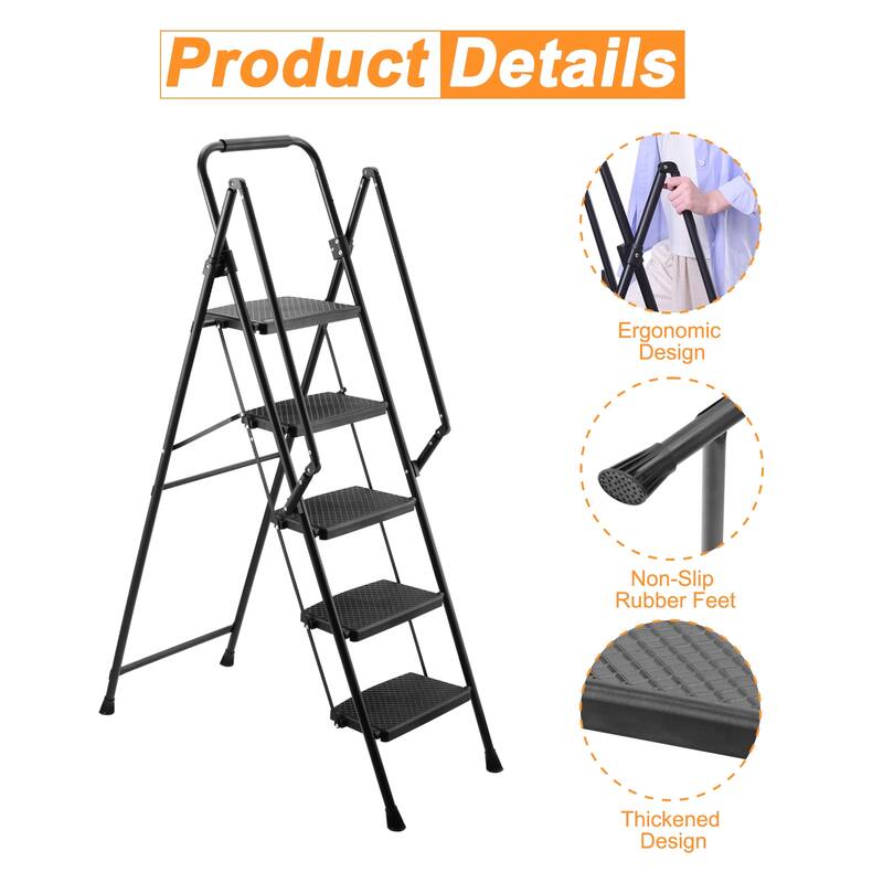 Anmytek 5 Step Folding Ladder Stool Steel Anti Slip Wide Pedals White Lightweight 330 Lb