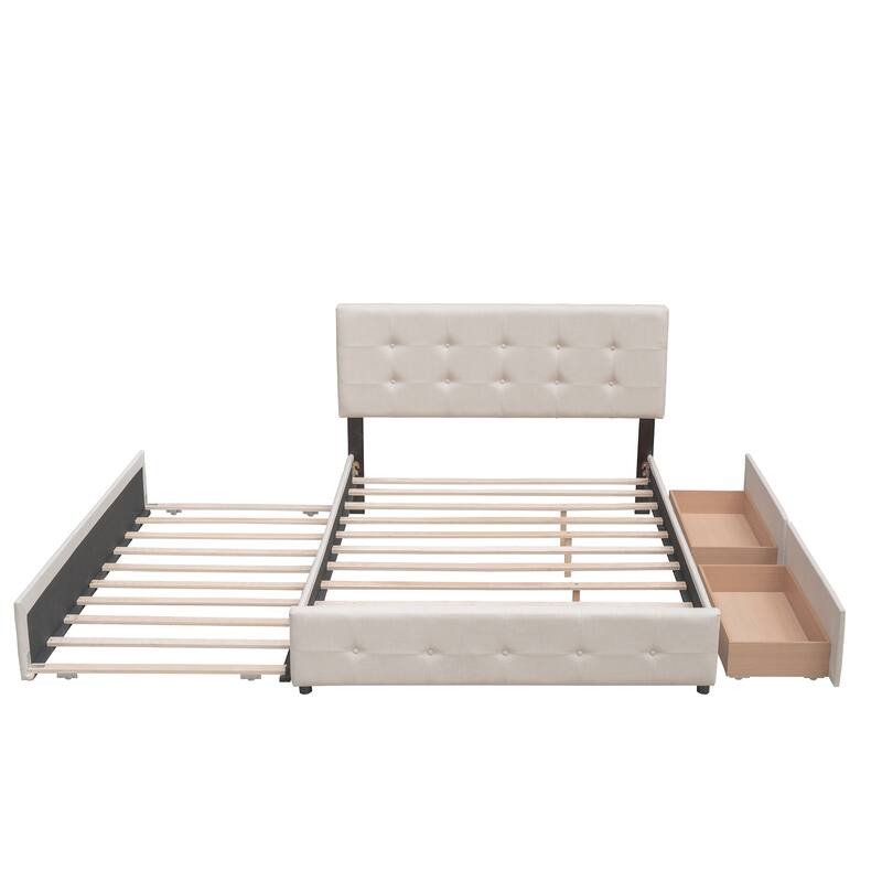 Queen Platform Bed with Button-Tufted Headboard, 2 Drawers & Twin XL Trundle
