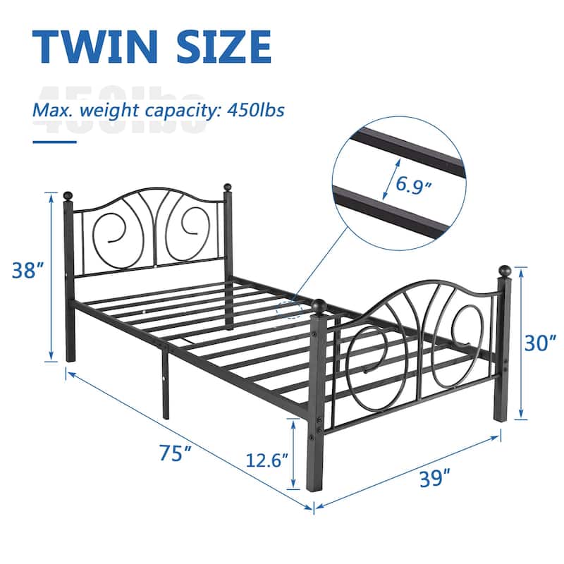 VECELO Platform Bed Frame with Scroll Headboard, Twin/Full/Queen Size Beds