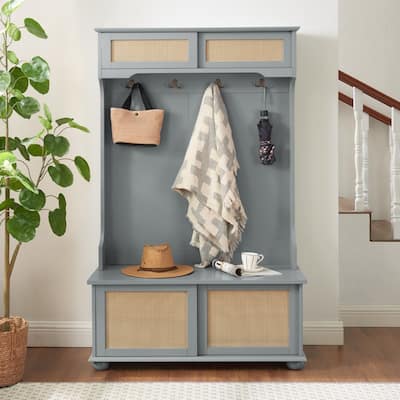 Casual Style Hall Tree Entryway Bench with Rattan Door Shelves and Shoe Cabinets, SOLID WOOD Feet,40.16"W*18.58"D*64.17"H
