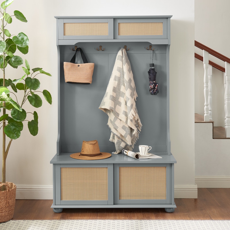 Casual Style Hall Tree Entryway Bench with Rattan Door Shelves and