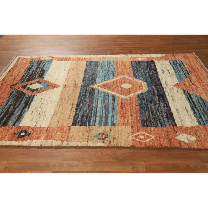 Tribal Moroccan Oriental Area Rug Hand-Knotted Orange Wool Carpet - 5'7" x 8'3"