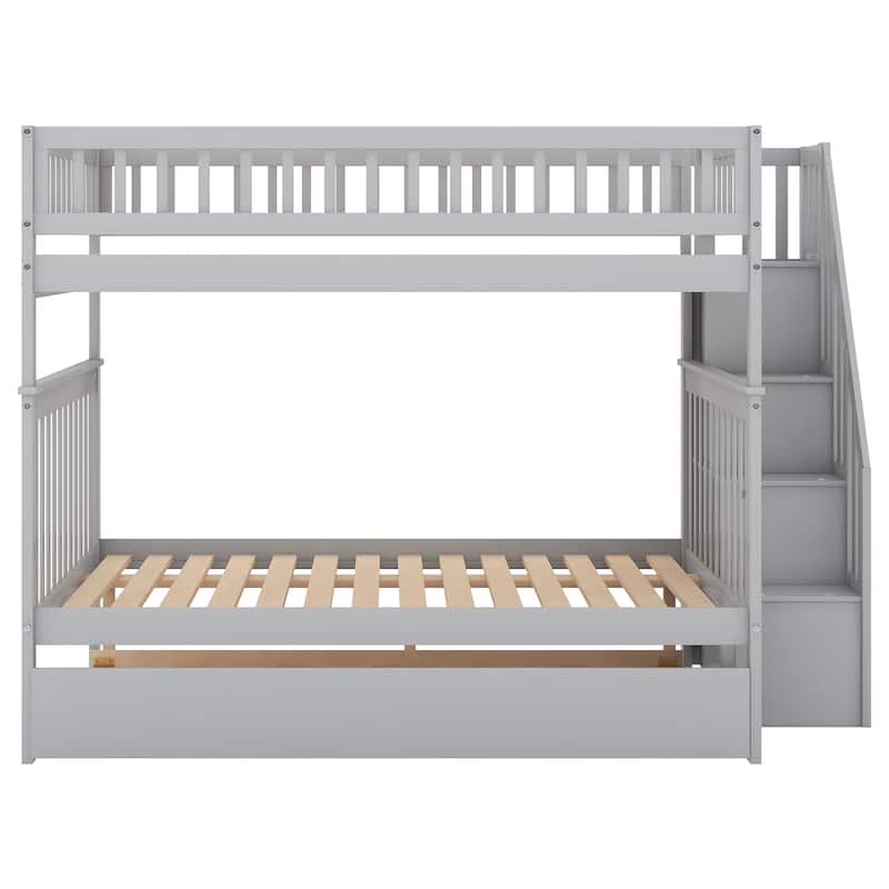 Full Over Full Bunk Bed with Trundle, Wooden Bunk Bed Frame with Storage Staircase & Guardrails, Convertible to Separate Beds