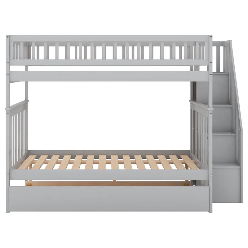 Full over Full Bunk Bed with Trundle and Staircase, Gray - Space-Saving 3-in-1 Design with Storage Shelves