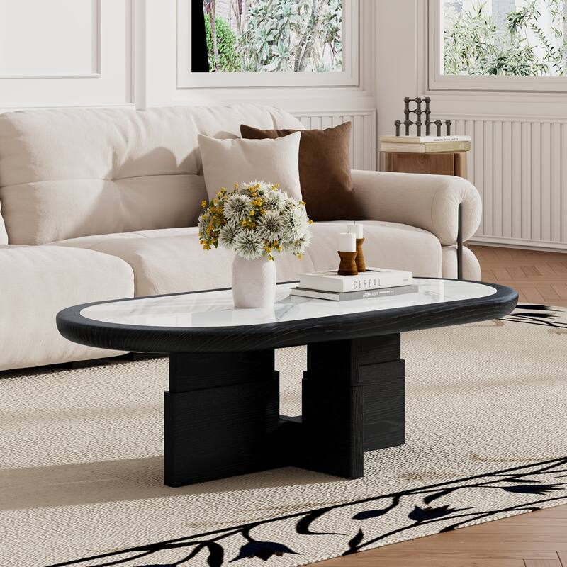 Mid Century 47.24" Oval Coffee Table, Black Solid Wood Veneer with White Glossy Sintered Stone Table top