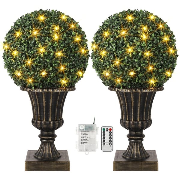 slide 2 of 7, 2 Pcs 12" Artificial Plant Topiary Ball with Pot, Faux Boxwood Balls with LED 16x16x68.58in - Green