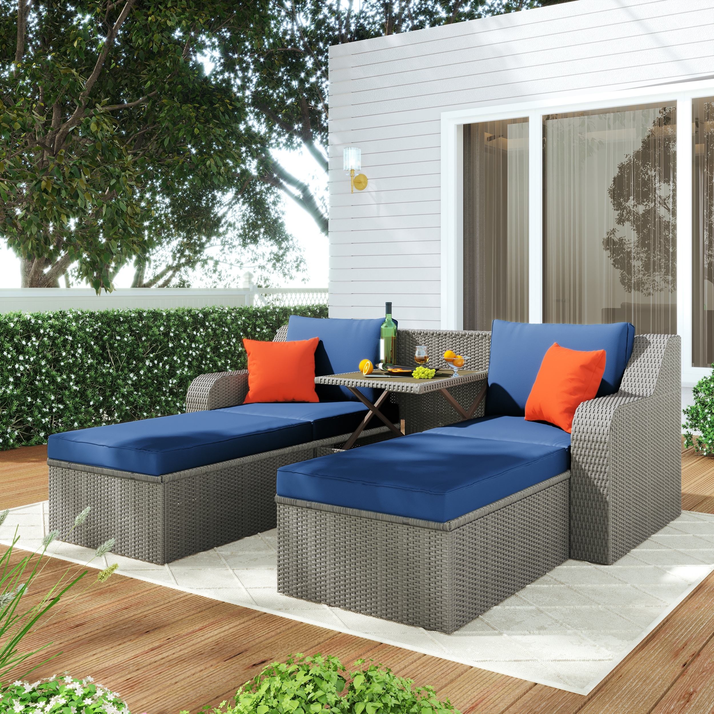 3 Piece Patio Wicker Sofa Upholstered Cushions Reclining Couch