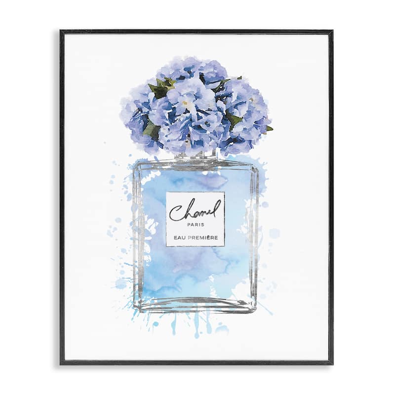Stupell Blue Flowers Perfume Bottle Watercolor, Framed Giclee, 16 x 1.5 x 20, Made in USA - 24 x 30 - Black