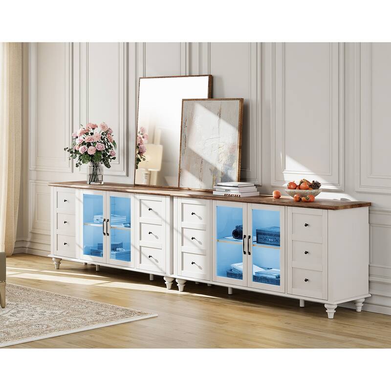 WAMPAT Farmhouse 2 in 1 Entertainment Center TV Stand Console Table - 116'' - White&Blue Light