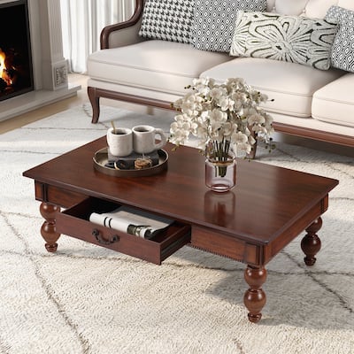 Rectangular Wooden Coffee Table with Storage Drawer, Vintage Cocktail Table with Solid Wood Gourd-Shaped Legs for Living Room