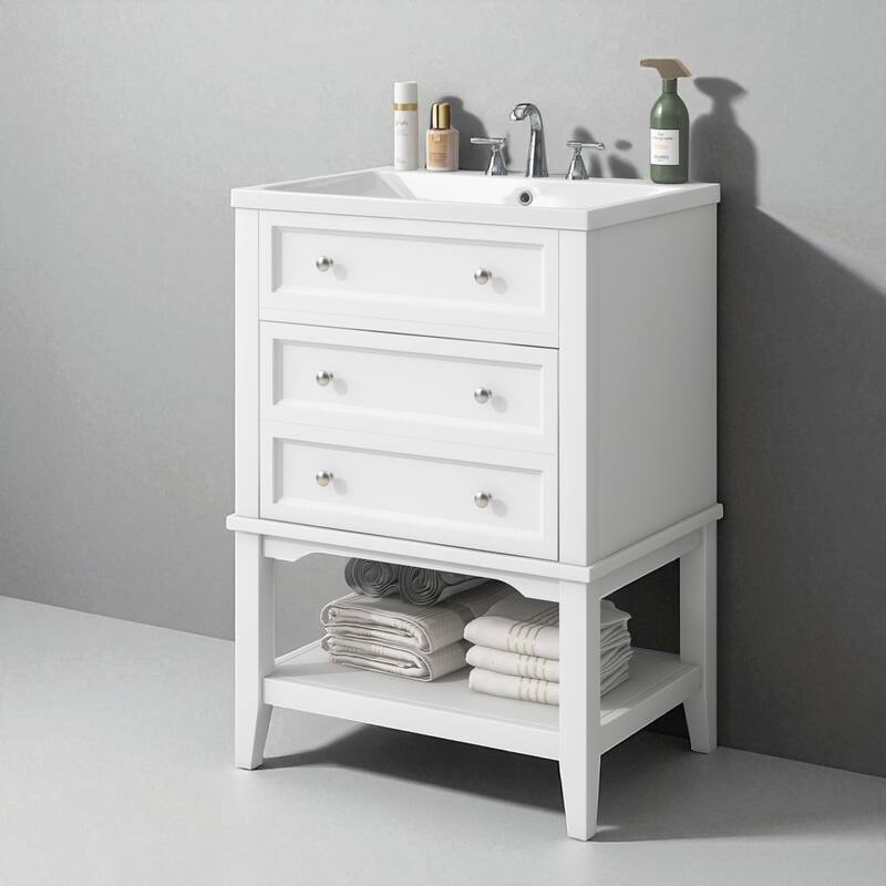 24" Bathroom Vanity with Sink, Freestanding Cabinet with Open Shelf and Drawer, Solid Wood Frame, White Finish - White