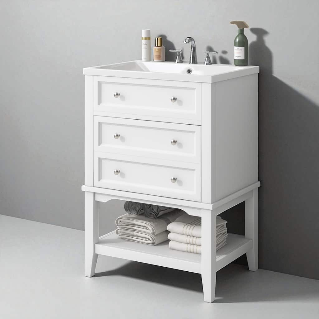 24" Bathroom Vanity with Sink, Freestanding Cabinet with Open Shelf and Drawer, Solid Wood Frame, White Finish
