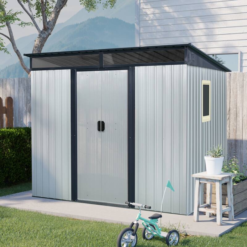 8 ft x 6 ft Outdoor Metal Storage Shed with Window and Transparent plate for Garden, Lawn - White+Black