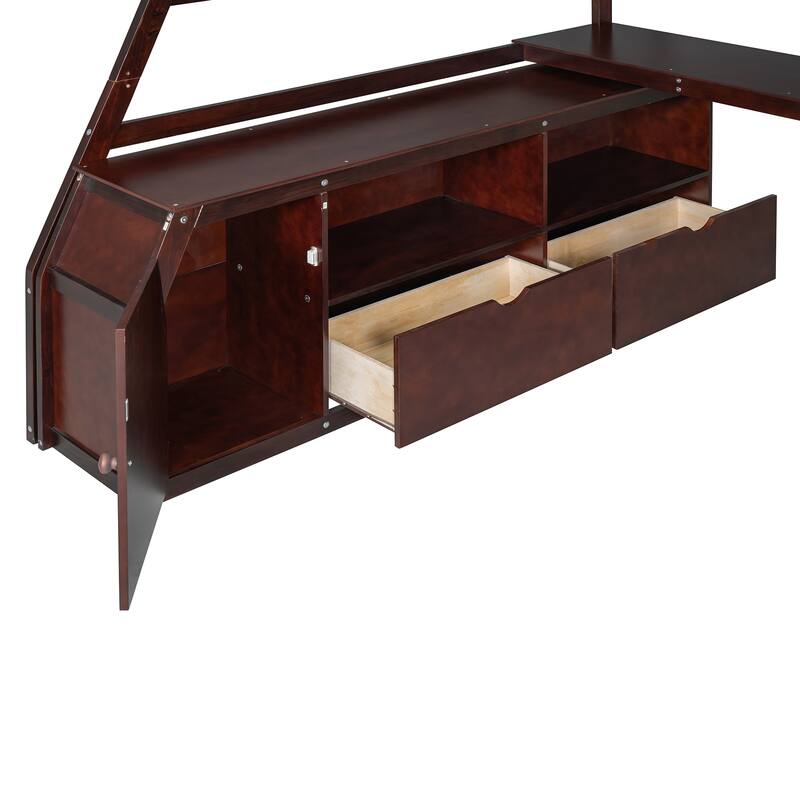 Twin/Full Size Wooden High Loft Bed with Built In Desk, Solid Pinewood Loftbed Frame with 7 Drawers and Storage Cabinet