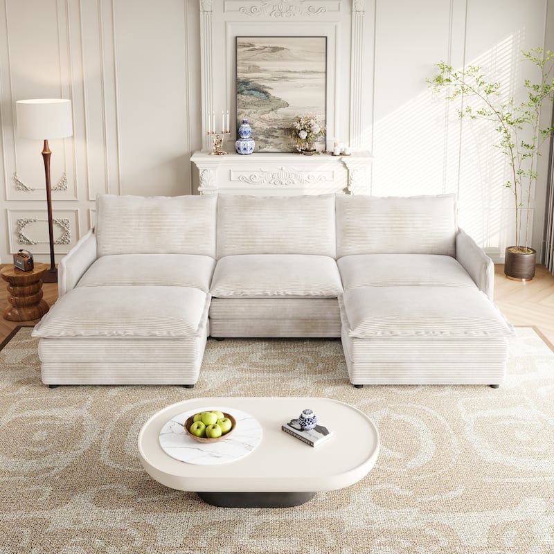109" Corduroy 3-Seater Cloud Sectional Sofa with 2 Ottomans