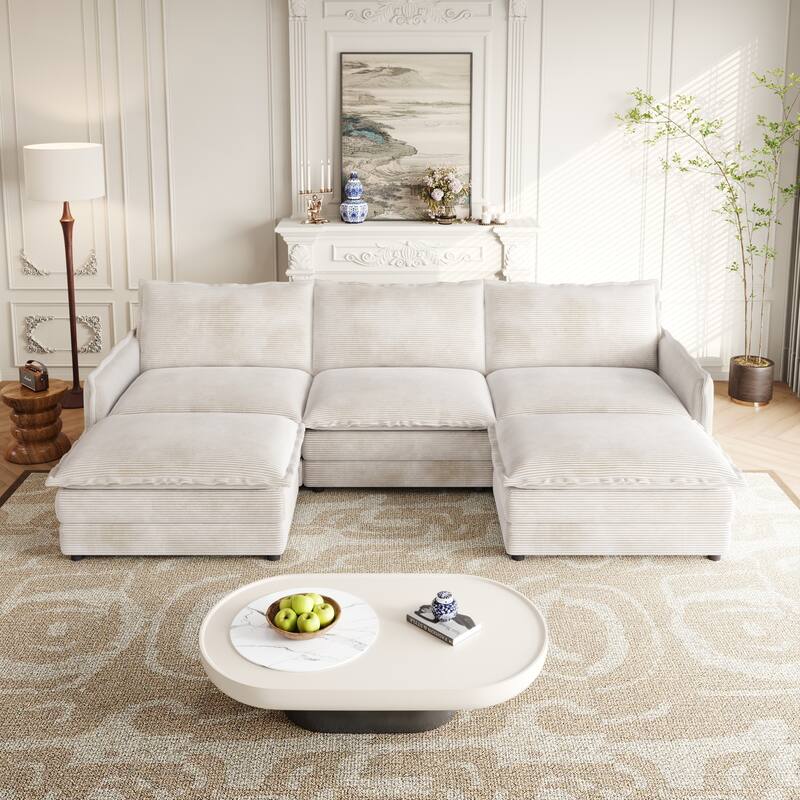 3-seater Cloud Sofa Corduroy Upholstered Sectional Couch with Ottoman