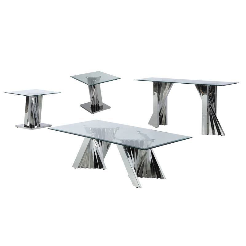 Best Quality Furniture Modern Glass Coffee Table Sets w/ Spiral Base - 1 Coffee Table + 2 End Tables + 1 Console Table - Silver - Glass