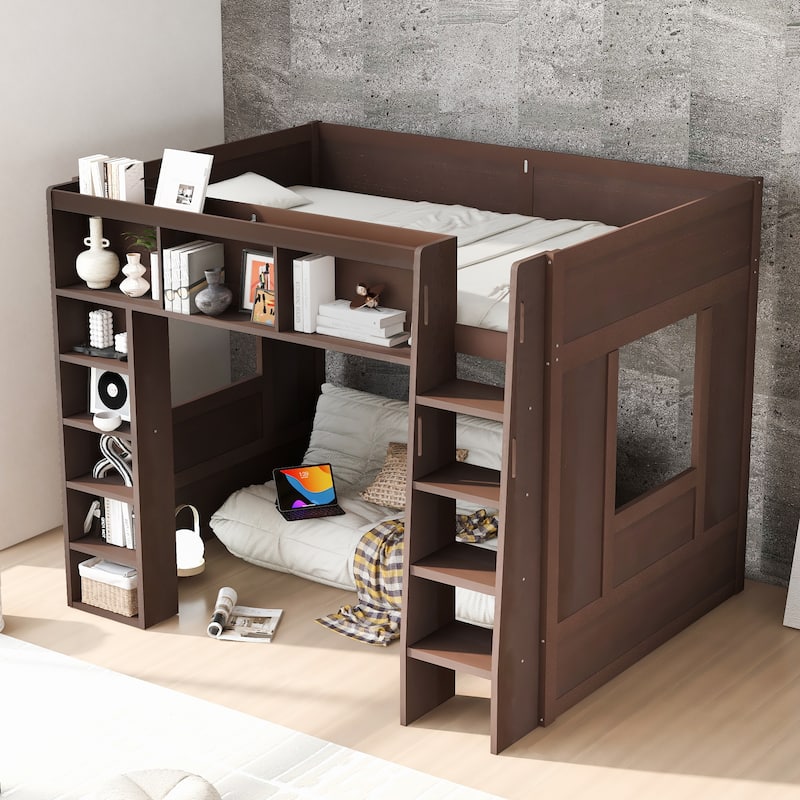 Queen Size Wooden Loft Bed with Storage Cabinets and Shelves, Multifunctional Country Style Design