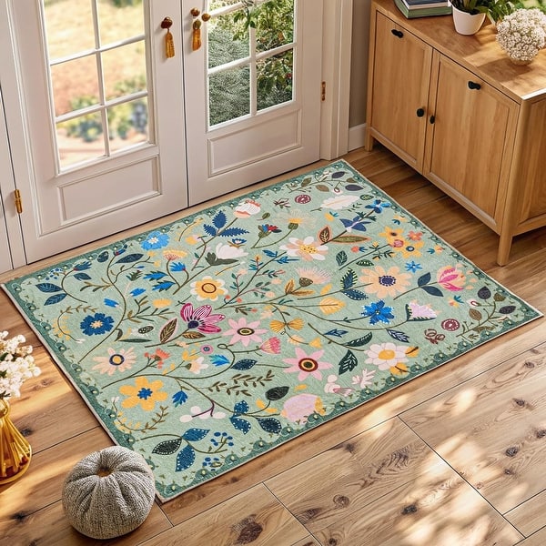 slide 2 of 10, Nature Floral Non-Slip Machine Washable Colorful Modern Area Rug Rectangle 2' x 3' - Green