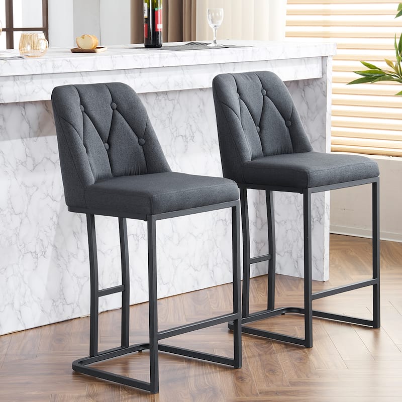 Counter Height Bar Stools Set of 2, 25.2'' Upholstered Bar Stools with Button-Tufted Backrest & Metal Frame for Kitchen, Bar