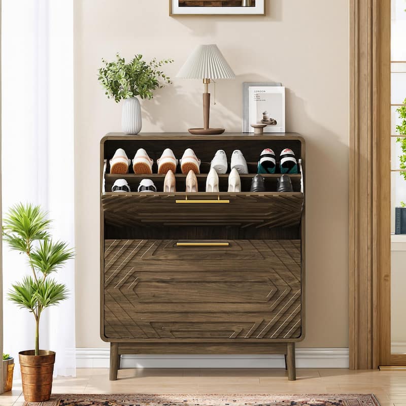Mid-Century Modern 31.5" Walnut Shoe Cabinet – Freestanding Organizer Equipped With 2 Flip-Top Drawers.