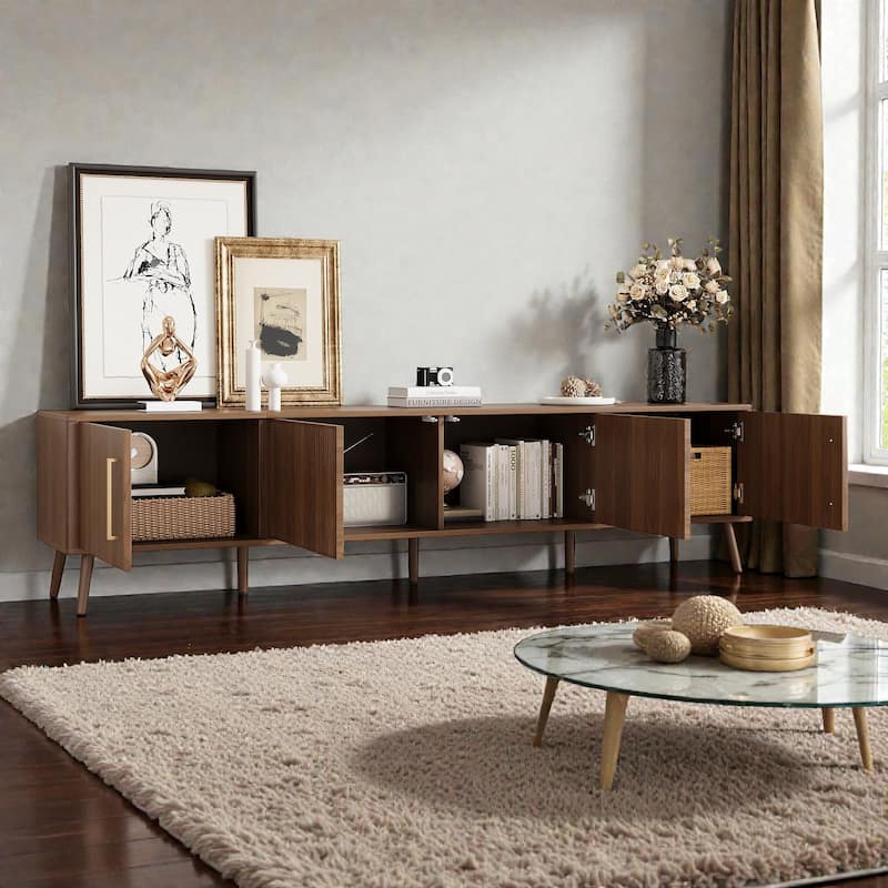 78" Modern TV Stand for 85" TVs, Entertainment Center with Fluted Doors, Solid Wood Legs & Cable Management, Soft-Close Hinges