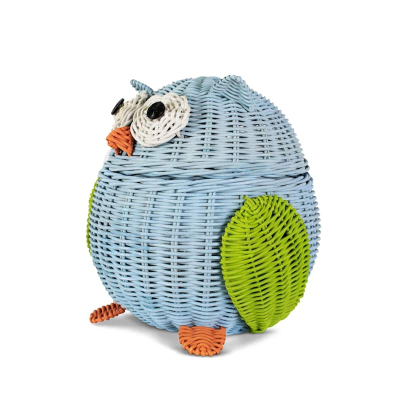 Blue Owl Rattan Storage Basket with Lid Decorative Home Decor Hand Woven Shelf Organizer Cute Handmade Handcrafted Gift Art