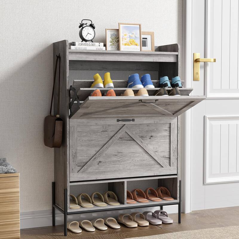 Shoe Cabinet with 2 Flip-Up Drawers, Hidden Shoe Storage Cabinet with Open Storage for Entryway, Hallway, Bedroom