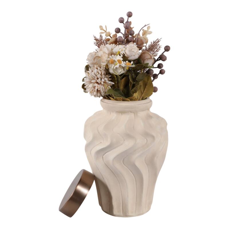 Pottery Jar Wavy Sculpted Tall with Metallic Lid Decorative Accent